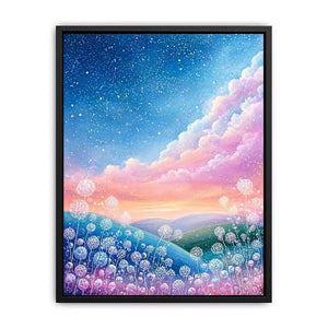 Dreamy pastel sky landscape Canvas Print with floating floral elements, calming decor