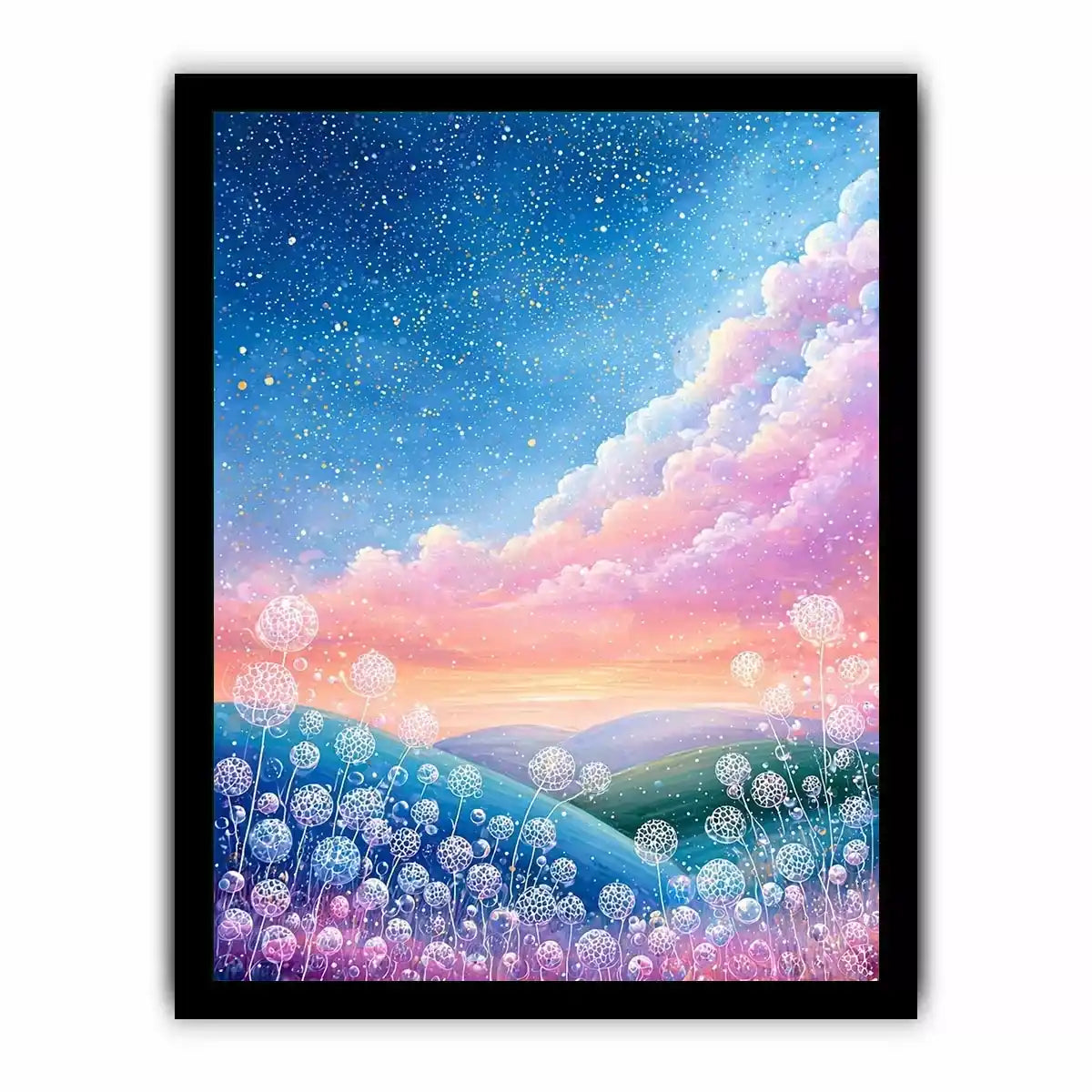 Dreamy pastel sky landscape Canvas Print with floating floral elements, calming decor