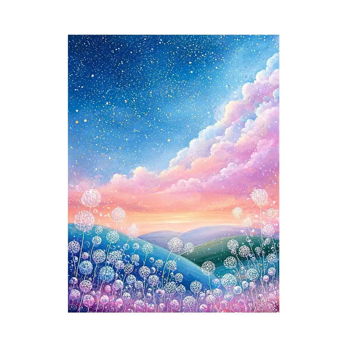 Dreamy pastel sky landscape Canvas Print with floating floral elements, calming decor