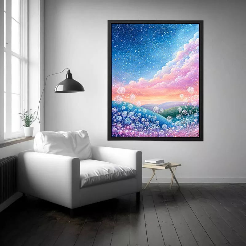Dreamy pastel sky landscape Canvas Print with floating floral elements, calming decor