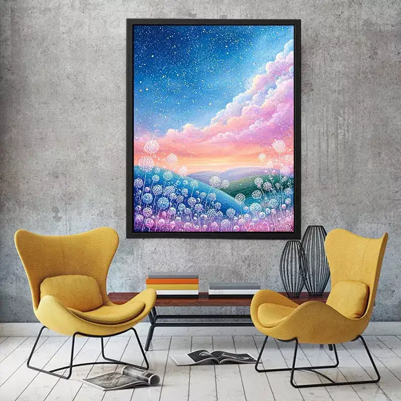 Dreamy pastel sky landscape Canvas Print with floating floral elements, calming decor