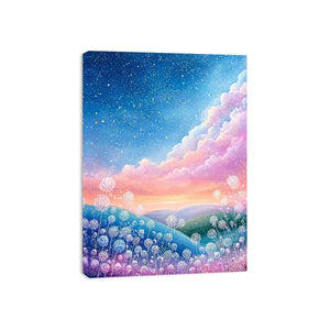 Dreamy pastel sky landscape Canvas Print with floating floral elements, calming decor