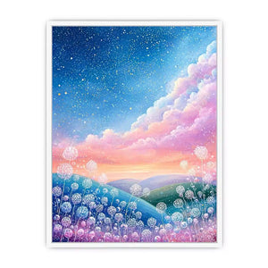 Dreamy pastel sky landscape Canvas Print with floating floral elements, calming decor