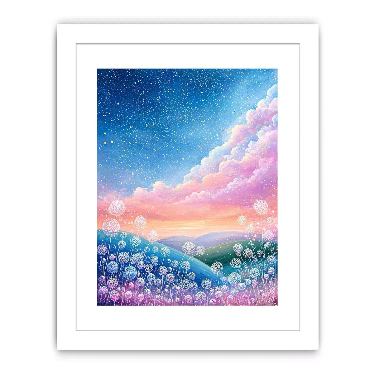 Dreamy pastel sky landscape Canvas Print with floating floral elements, calming decor