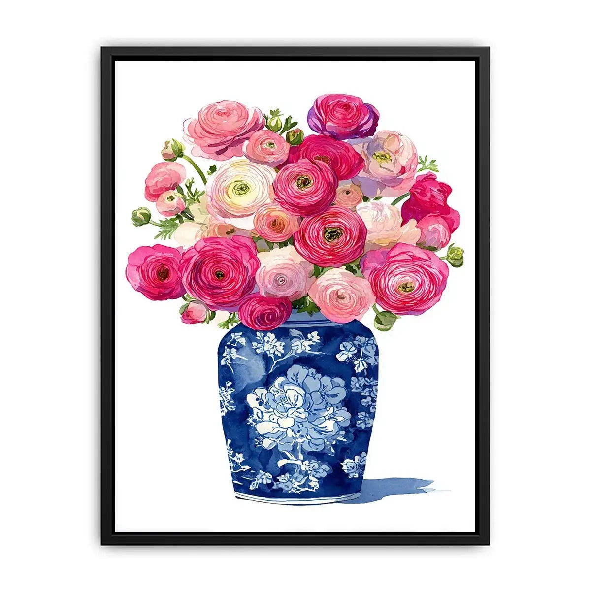 watercolor floral vase Canvas Print with pink ranunculus flowers in blue porcelain elegant soft pastel Canvas Print