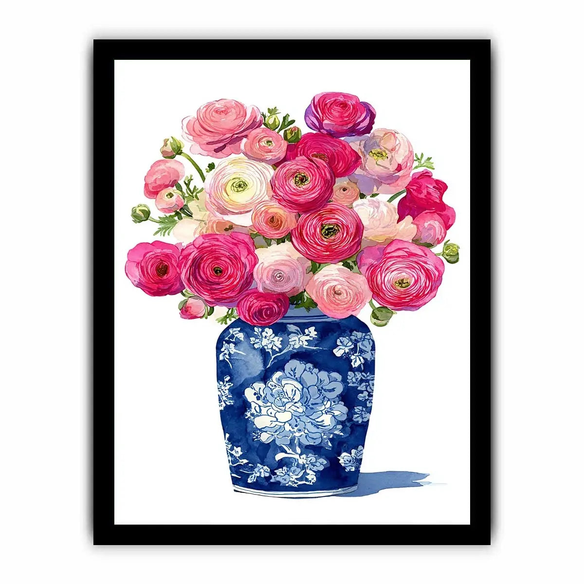 watercolor floral vase Canvas Print with pink ranunculus flowers in blue porcelain elegant soft pastel Canvas Print