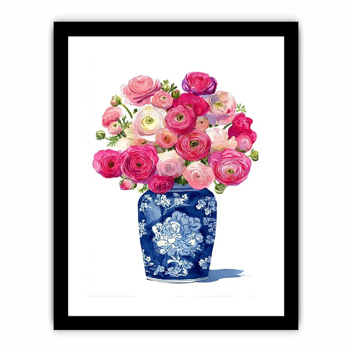 watercolor floral vase Canvas Print with pink ranunculus flowers in blue porcelain elegant soft pastel Canvas Print