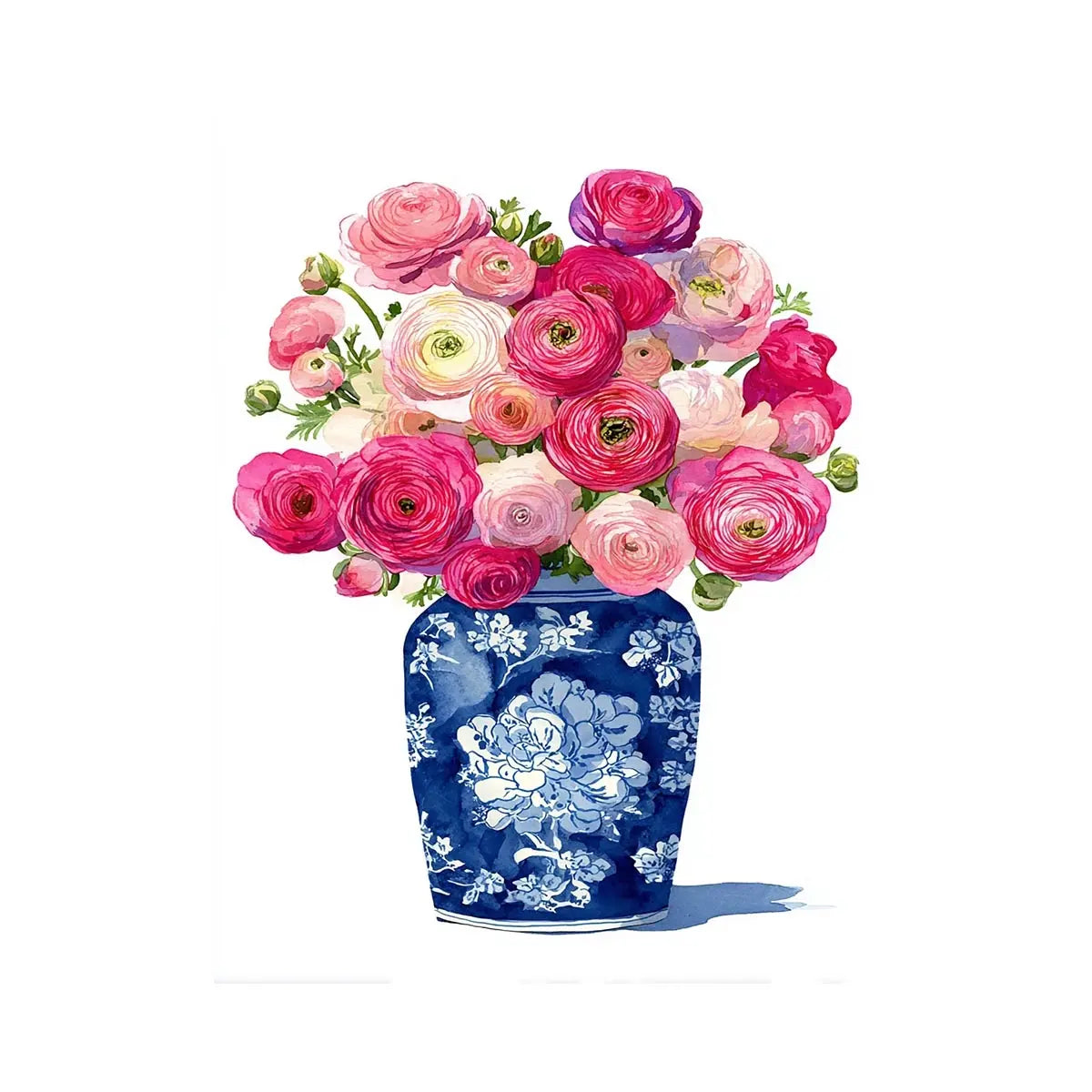 watercolor floral vase Canvas Print with pink ranunculus flowers in blue porcelain elegant soft pastel Canvas Print