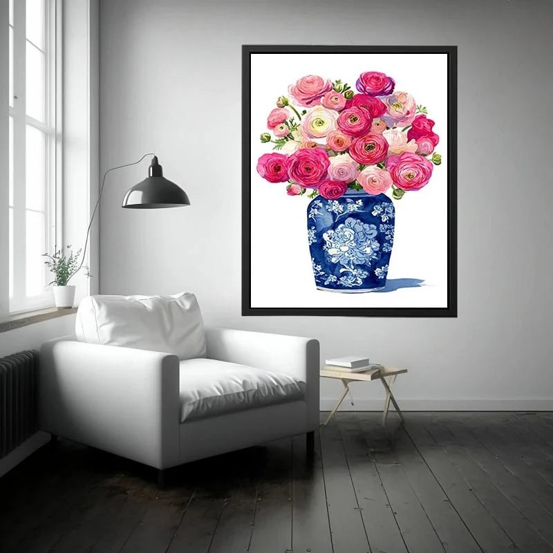 watercolor floral vase Canvas Print with pink ranunculus flowers in blue porcelain elegant soft pastel Canvas Print