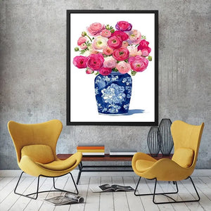 watercolor floral vase Canvas Print with pink ranunculus flowers in blue porcelain elegant soft pastel Canvas Print