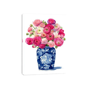 watercolor floral vase Canvas Print with pink ranunculus flowers in blue porcelain elegant soft pastel Canvas Print