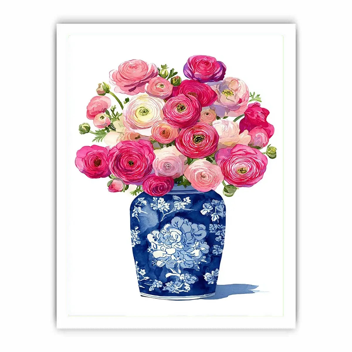 watercolor floral vase Canvas Print with pink ranunculus flowers in blue porcelain elegant soft pastel Canvas Print