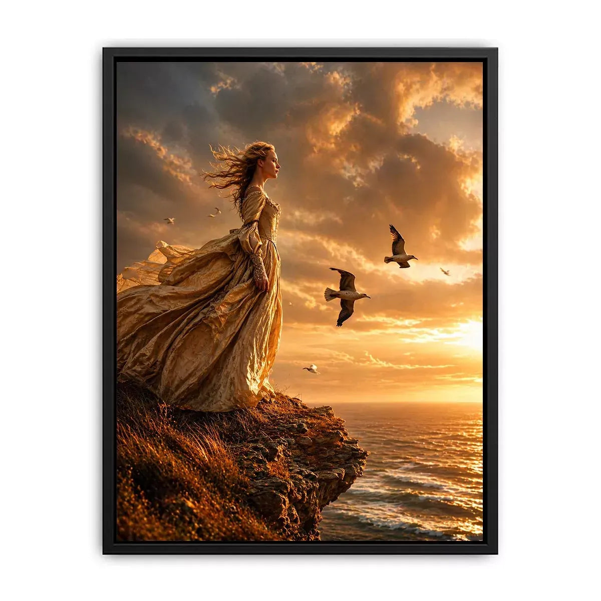 Vintage woman standing on ocean cliff at sunset Canvas Print, dramatic coastal decor