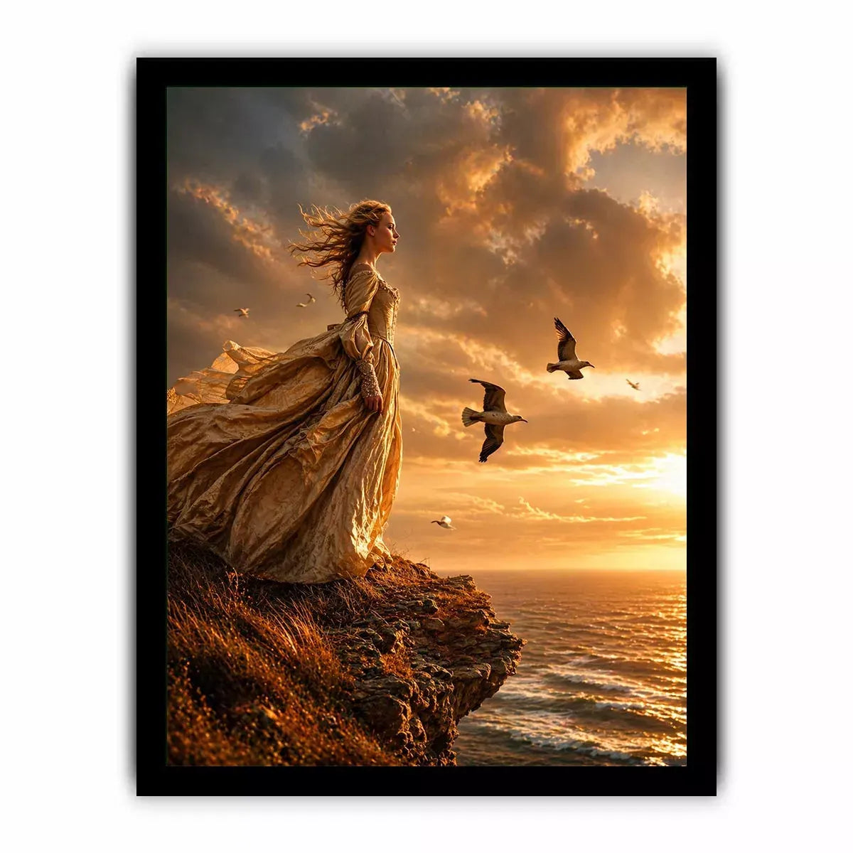 Vintage woman standing on ocean cliff at sunset Canvas Print, dramatic coastal decor