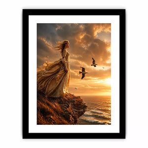 Vintage woman standing on ocean cliff at sunset Canvas Print, dramatic coastal decor