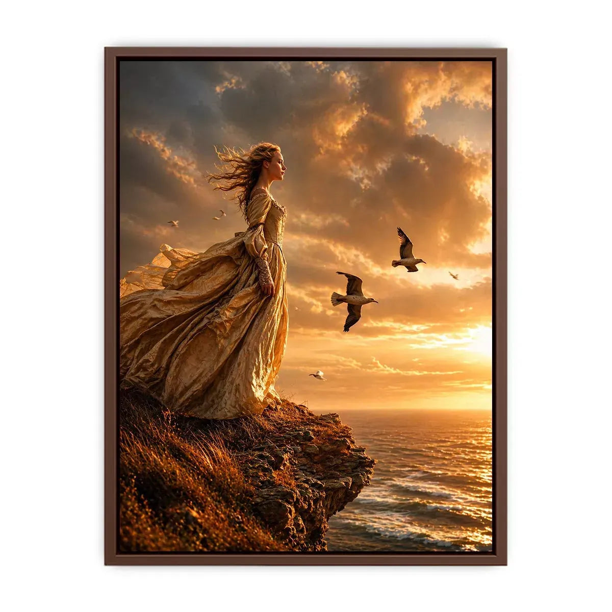 Vintage woman standing on ocean cliff at sunset Canvas Print, dramatic coastal decor