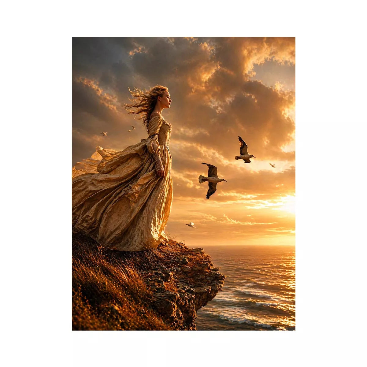 Vintage woman standing on ocean cliff at sunset Canvas Print, dramatic coastal decor