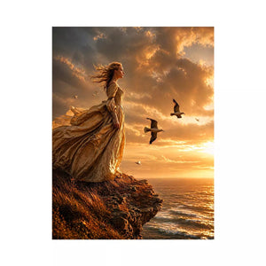 Vintage woman standing on ocean cliff at sunset Canvas Print, dramatic coastal decor
