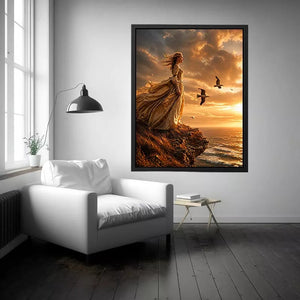 Vintage woman standing on ocean cliff at sunset Canvas Print, dramatic coastal decor