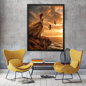 Vintage woman standing on ocean cliff at sunset Canvas Print, dramatic coastal decor