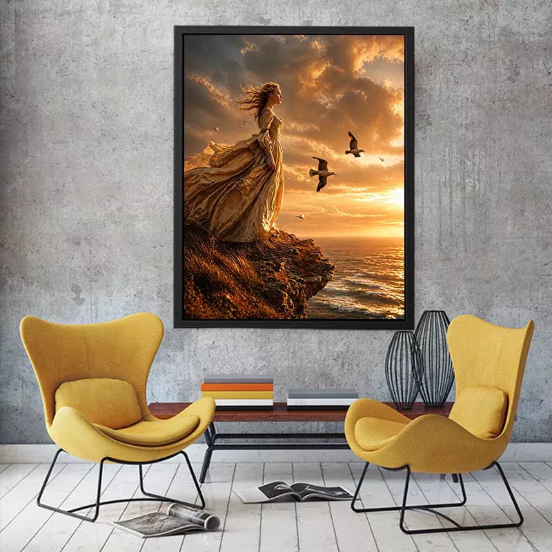 Vintage woman standing on ocean cliff at sunset Canvas Print, dramatic coastal decor