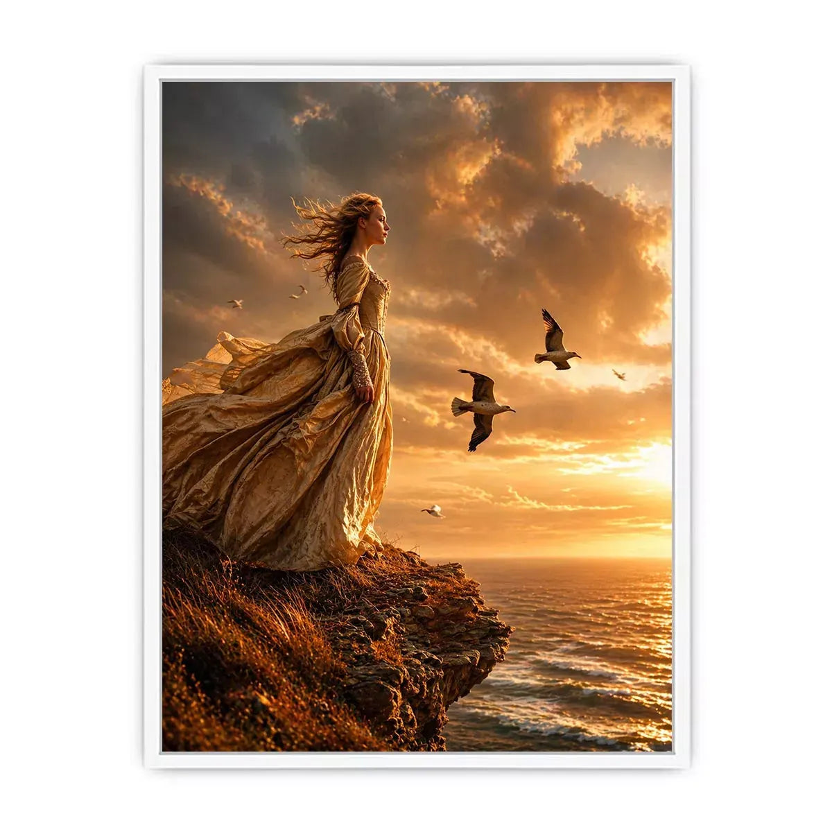 Vintage woman standing on ocean cliff at sunset Canvas Print, dramatic coastal decor
