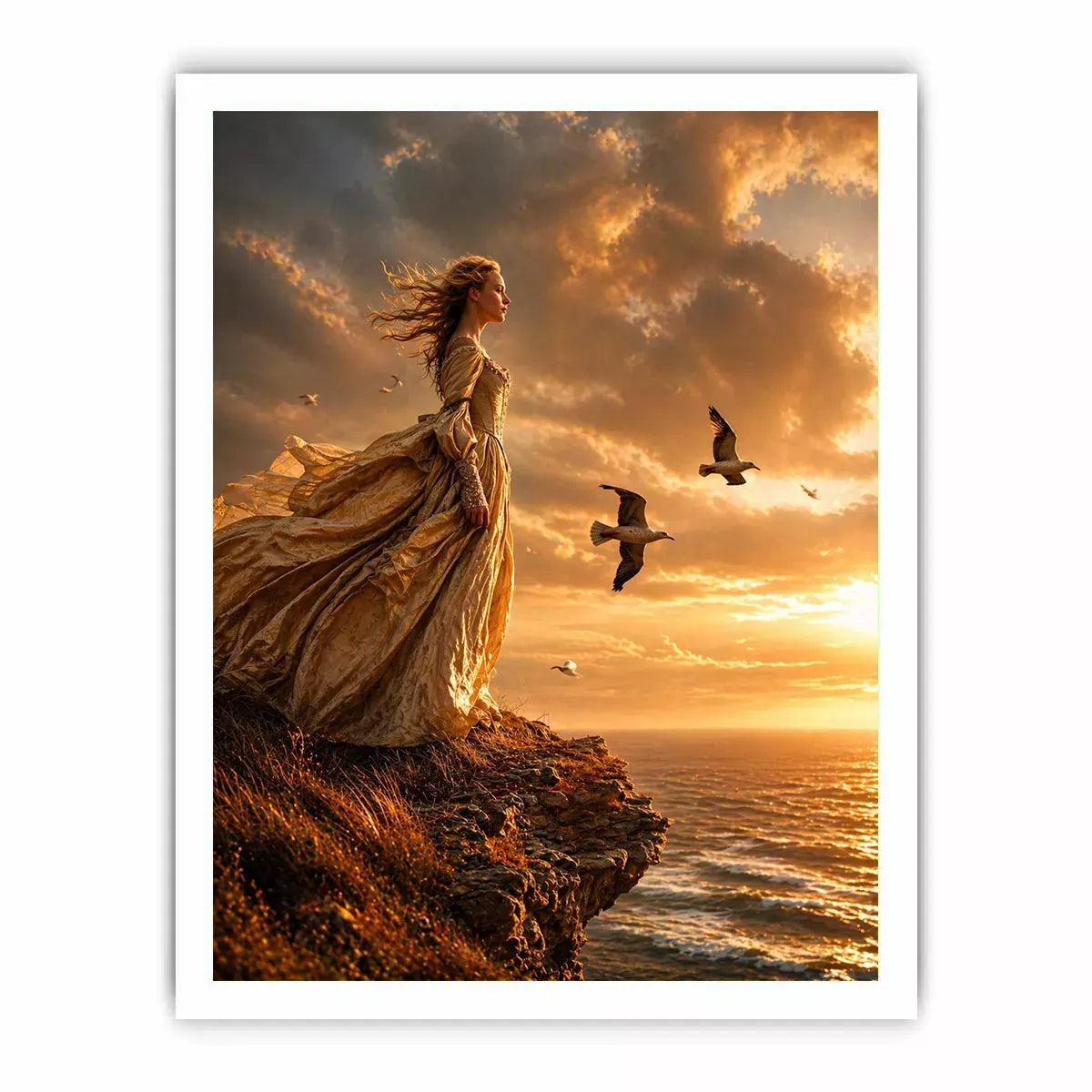 Vintage woman standing on ocean cliff at sunset Canvas Print, dramatic coastal decor