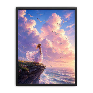 Dreamy woman standing on cliff with birds and pastel sky Canvas Print, calming decor