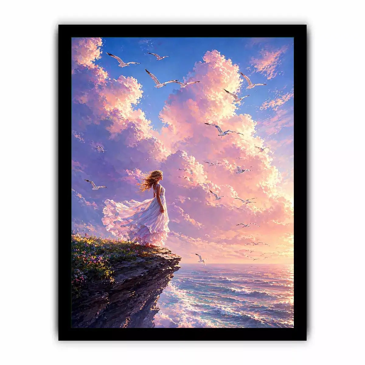 Dreamy woman standing on cliff with birds and pastel sky Canvas Print, calming decor