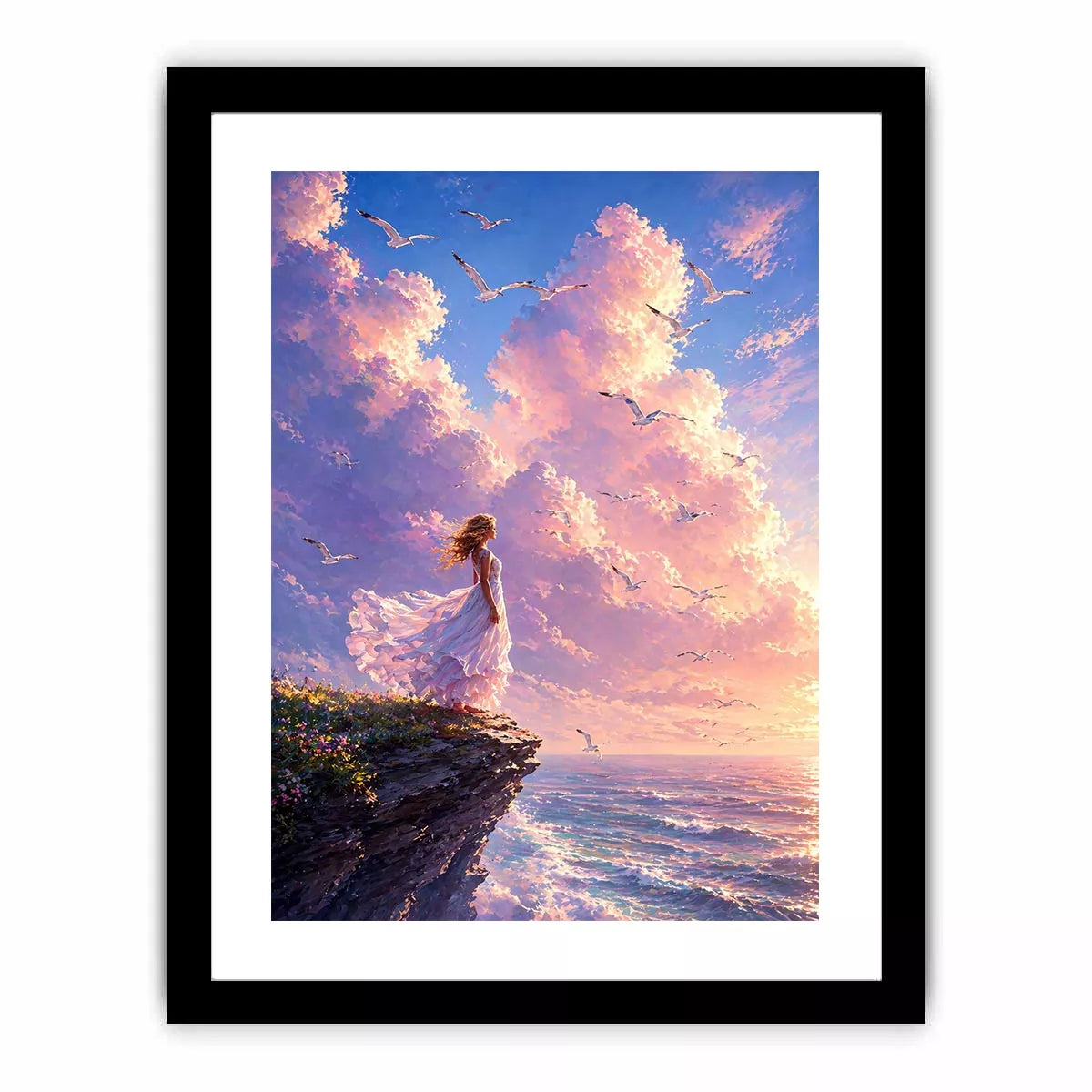 Dreamy woman standing on cliff with birds and pastel sky Canvas Print, calming decor
