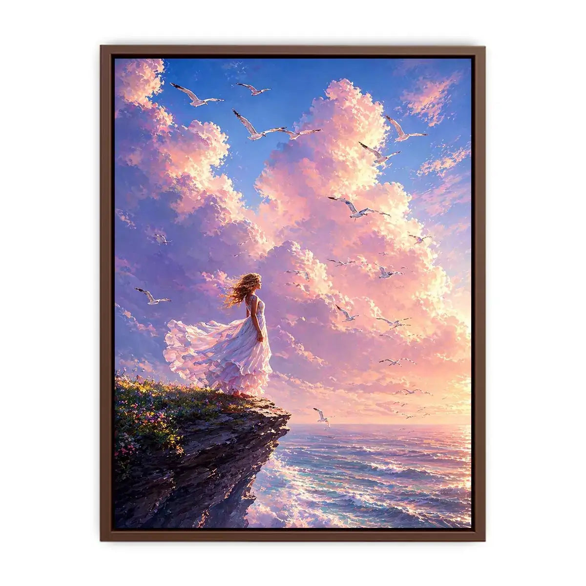 Dreamy woman standing on cliff with birds and pastel sky Canvas Print, calming decor