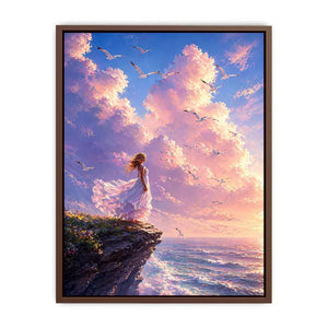Dreamy woman standing on cliff with birds and pastel sky Canvas Print, calming decor