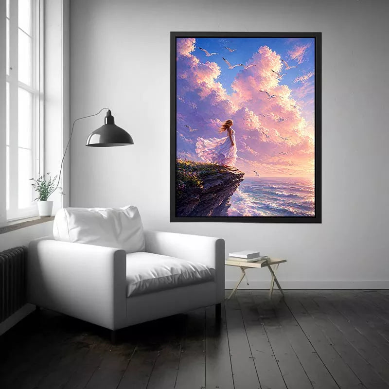 Dreamy woman standing on cliff with birds and pastel sky Canvas Print, calming decor