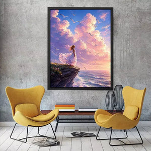 Dreamy woman standing on cliff with birds and pastel sky Canvas Print, calming decor