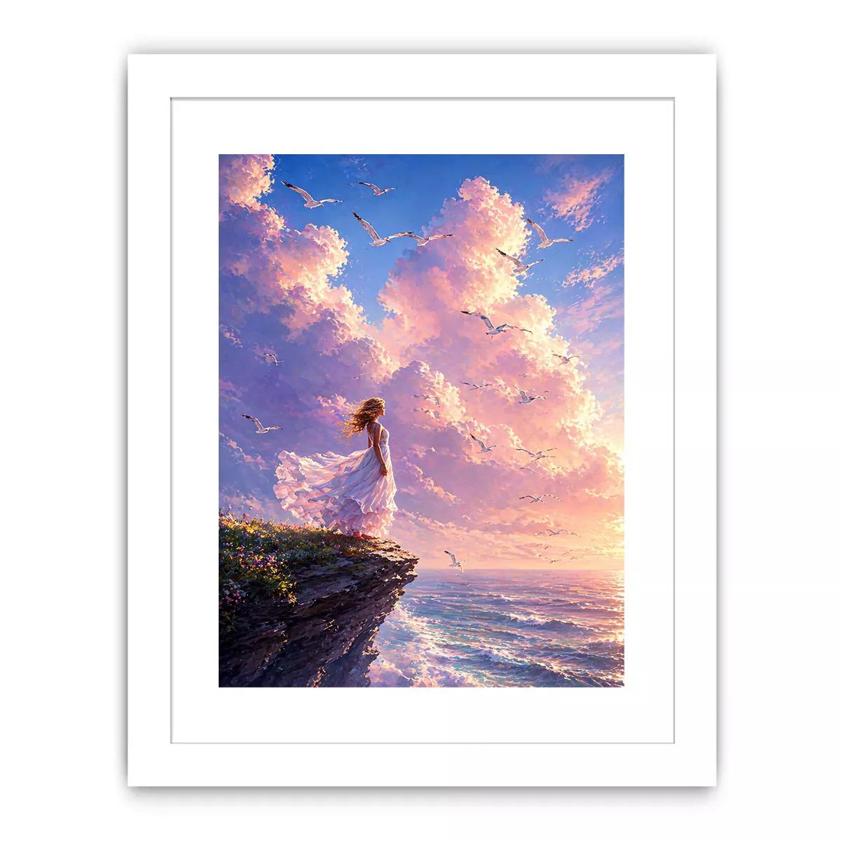 Dreamy woman standing on cliff with birds and pastel sky Canvas Print, calming decor