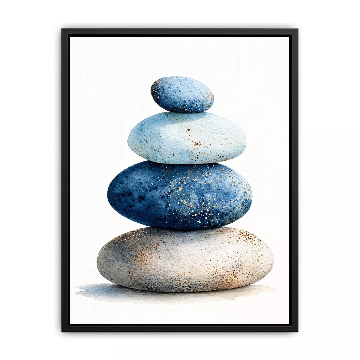 Minimalist blue zen stone stack watercolor wall art, calming Japandi decor for homes in Japan, California, Scandinavian interiors