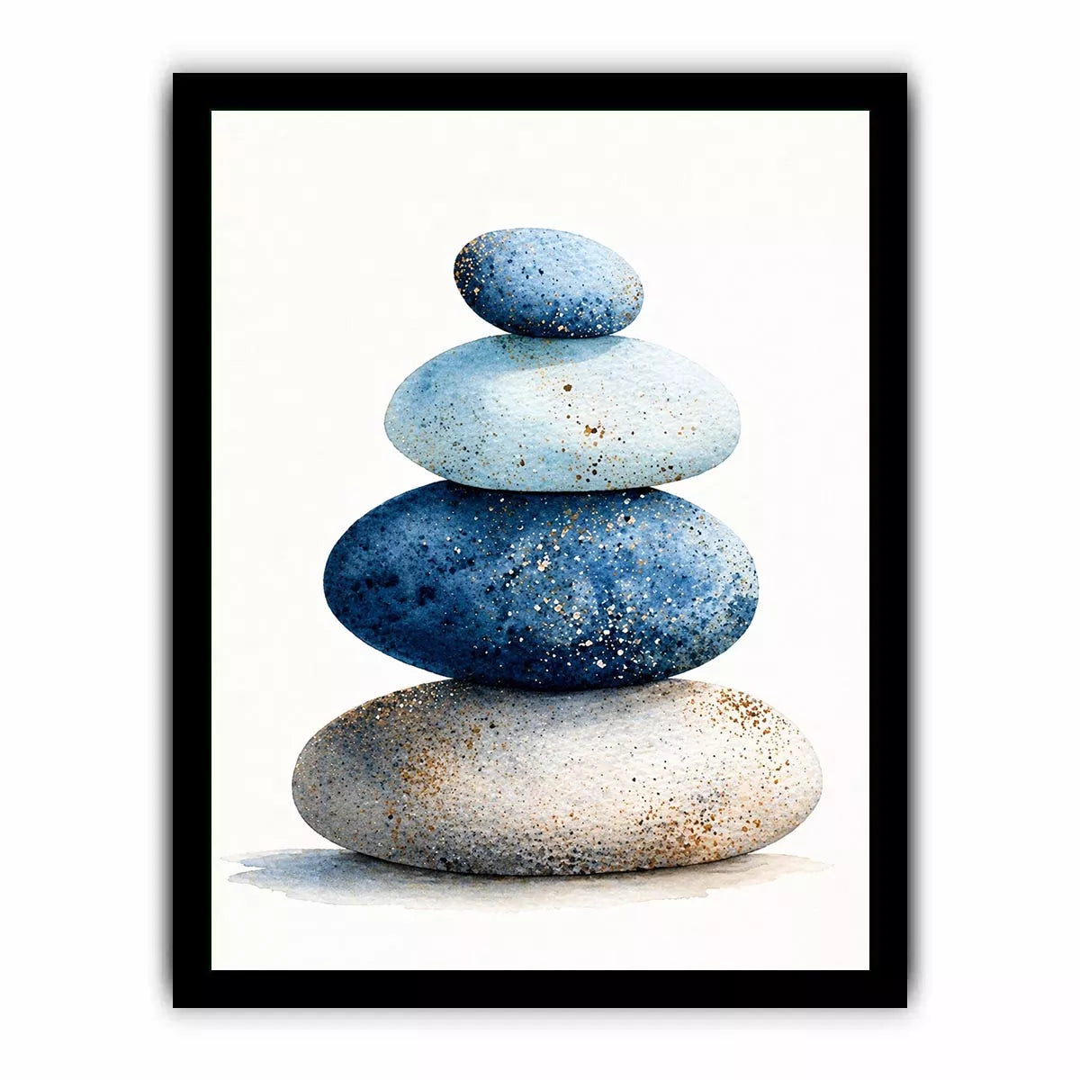 Minimalist blue zen stone stack watercolor wall art, calming Japandi decor for homes in Japan, California, Scandinavian interiors