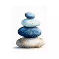 Minimalist blue zen stone stack watercolor wall art, calming Japandi decor for homes in Japan, California, Scandinavian interiors