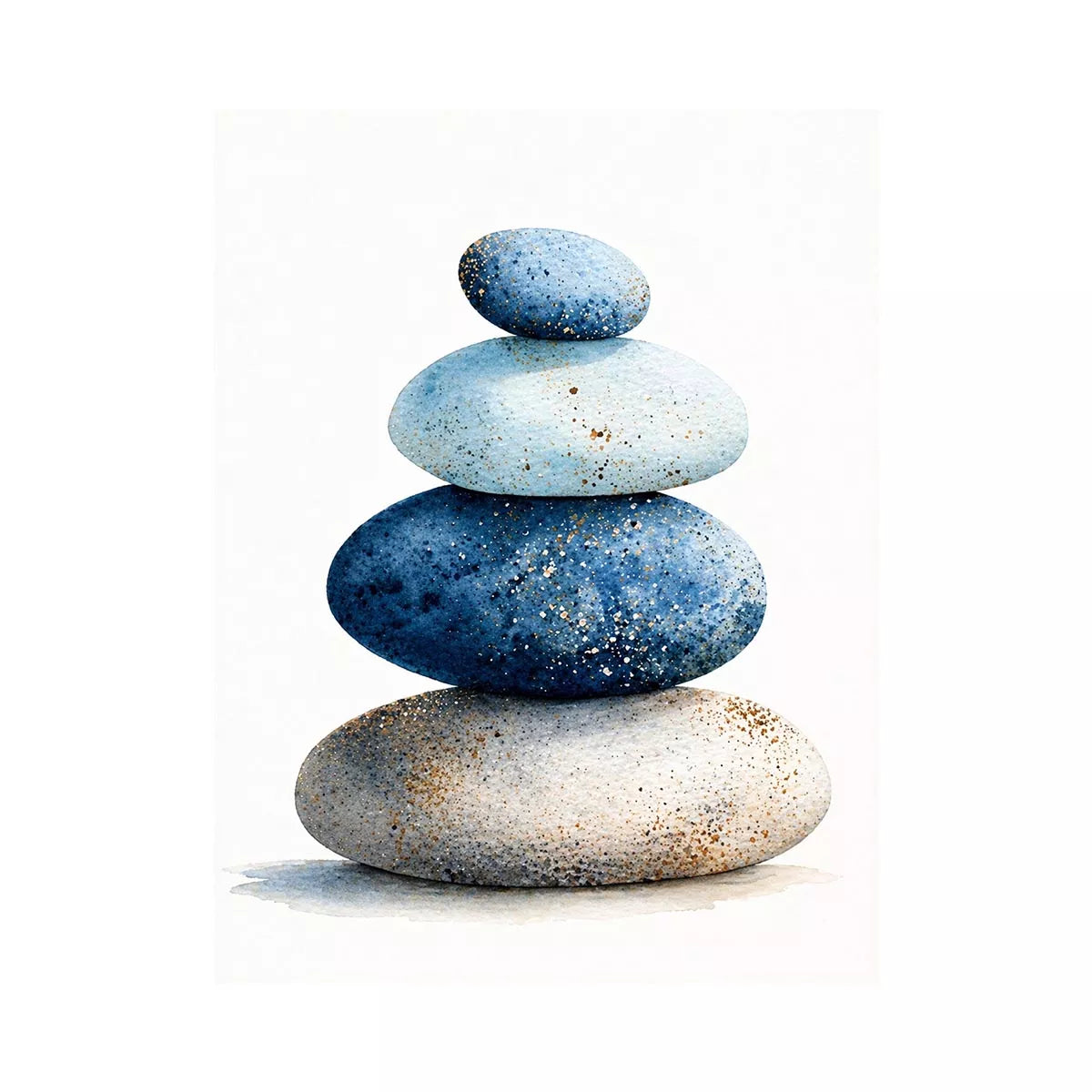 Minimalist blue zen stone stack watercolor wall art, calming Japandi decor for homes in Japan, California, Scandinavian interiors