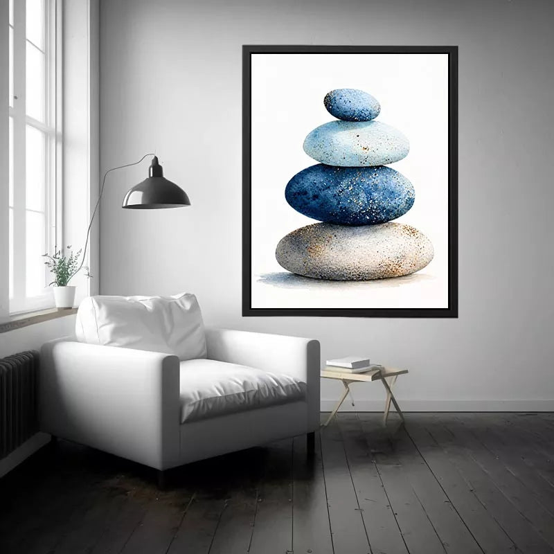 Minimalist blue zen stone stack watercolor wall art, calming Japandi decor for homes in Japan, California, Scandinavian interiors