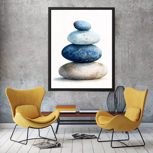 Minimalist blue zen stone stack watercolor wall art, calming Japandi decor for homes in Japan, California, Scandinavian interiors