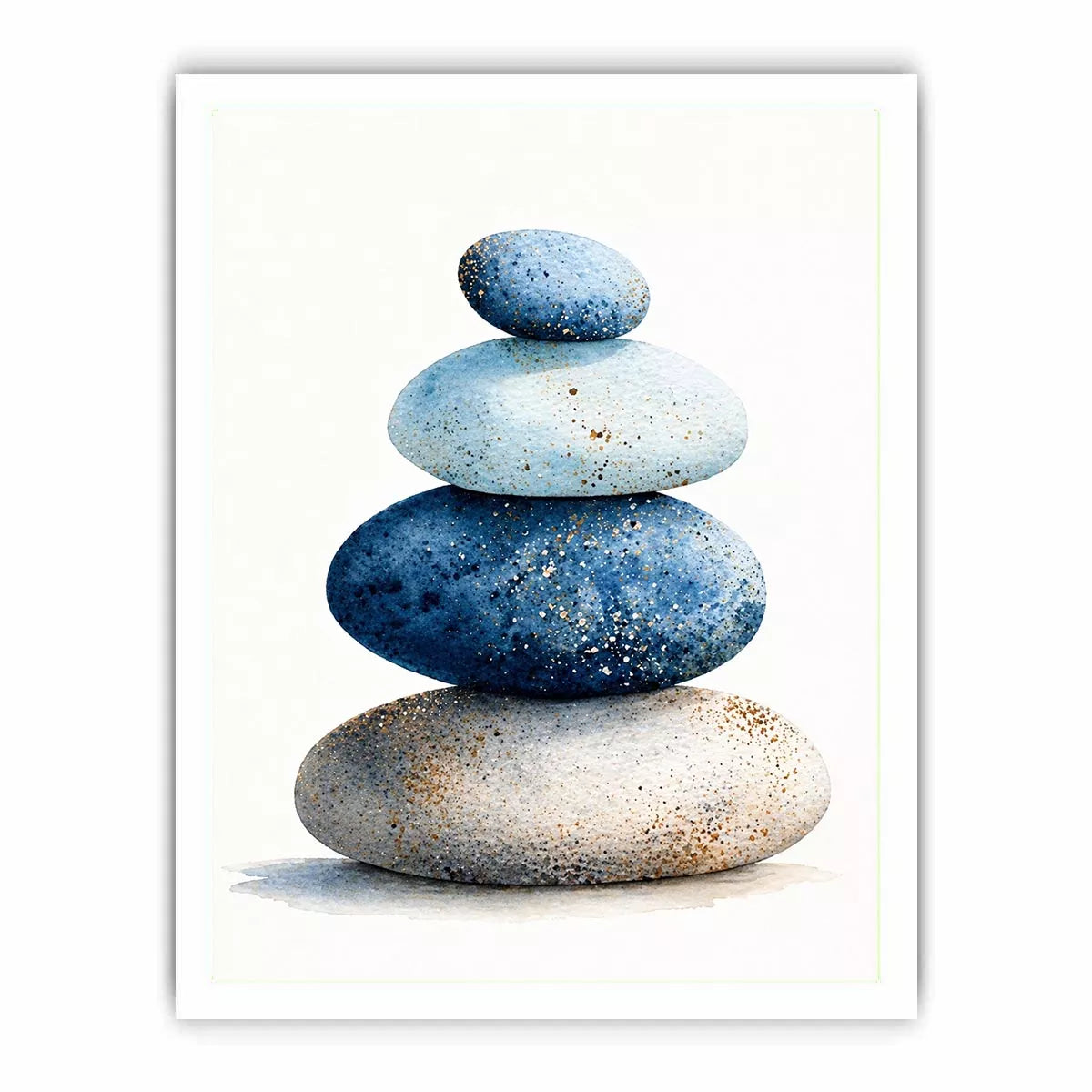 Minimalist blue zen stone stack watercolor wall art, calming Japandi decor for homes in Japan, California, Scandinavian interiors