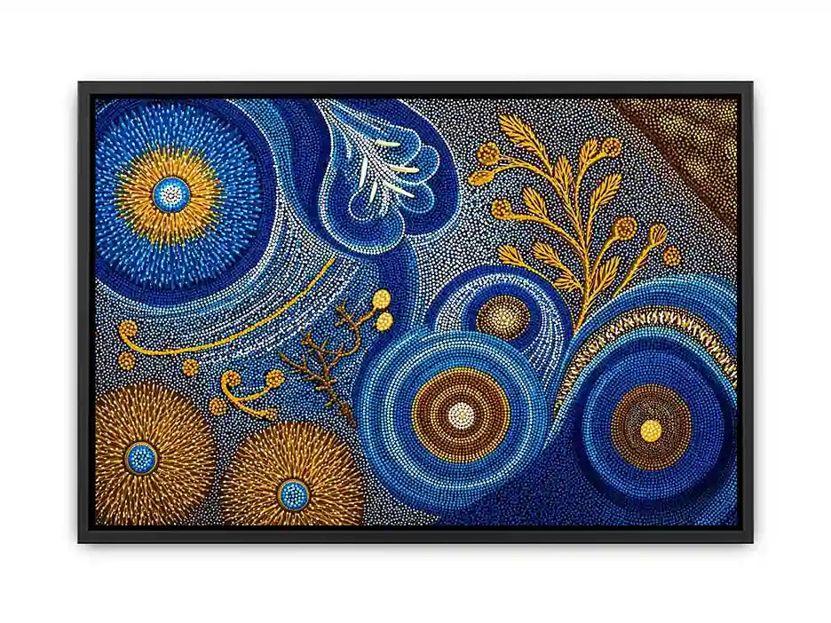 Blue and gold abstract dot pattern wall art, luxury modern decor for homes in New York, London, Dubai interiors