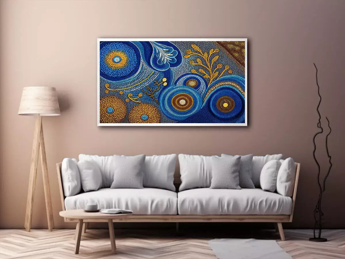 Blue and gold abstract dot pattern wall art, luxury modern decor for homes in New York, London, Dubai interiors