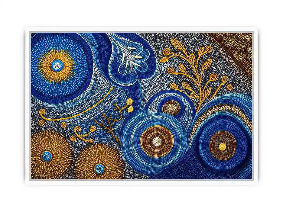 Blue and gold abstract dot pattern wall art, luxury modern decor for homes in New York, London, Dubai interiors
