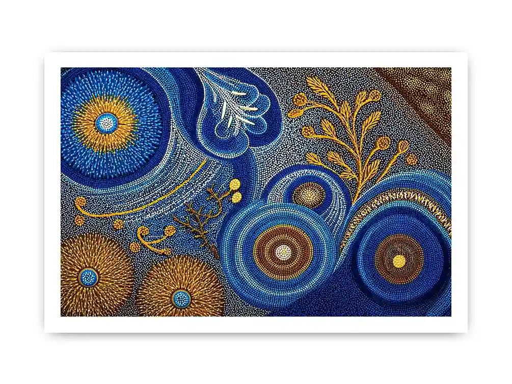 Blue and gold abstract dot pattern wall art, luxury modern decor for homes in New York, London, Dubai interiors