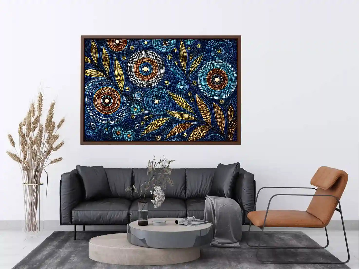 abstract blue gold dot painting, luxury botanical dot Canvas Print, modern geometric dot Canvas Print, blue gold textured abstract artwork