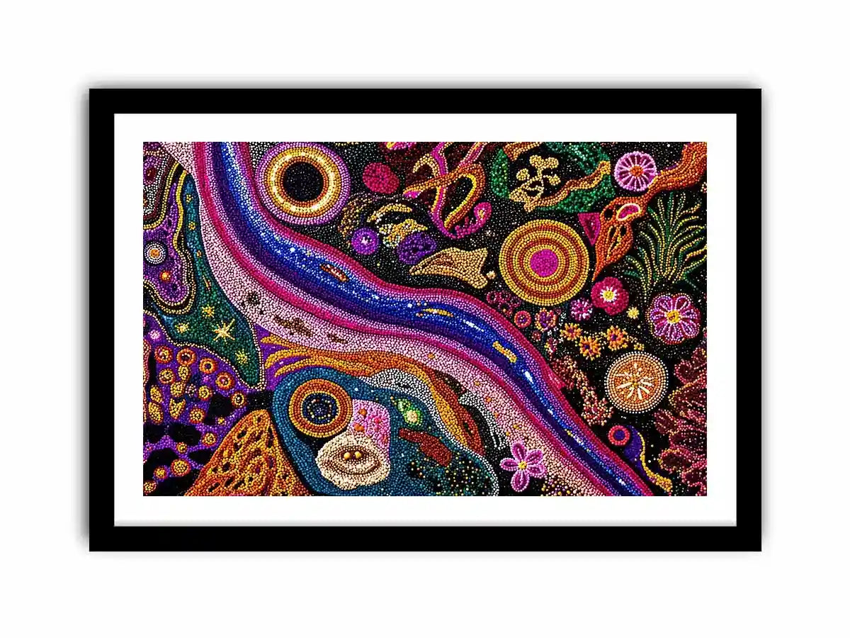 colorful abstract dot galaxy painting, vibrant cosmic dot wall art, modern abstract colorful canvas art, galaxy inspired dot artwork