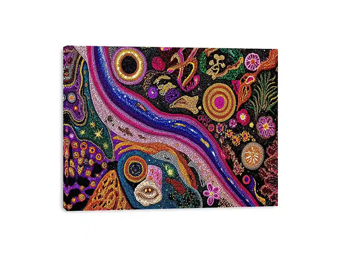 colorful abstract dot galaxy painting, vibrant cosmic dot wall art, modern abstract colorful canvas art, galaxy inspired dot artwork