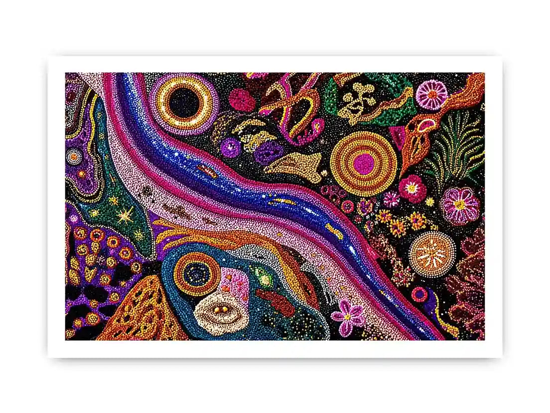 colorful abstract dot galaxy painting, vibrant cosmic dot wall art, modern abstract colorful canvas art, galaxy inspired dot artwork